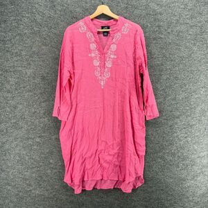 Patio Dress Women L Large Pink Floral Embroidered Shift Short V-Neck Cotton